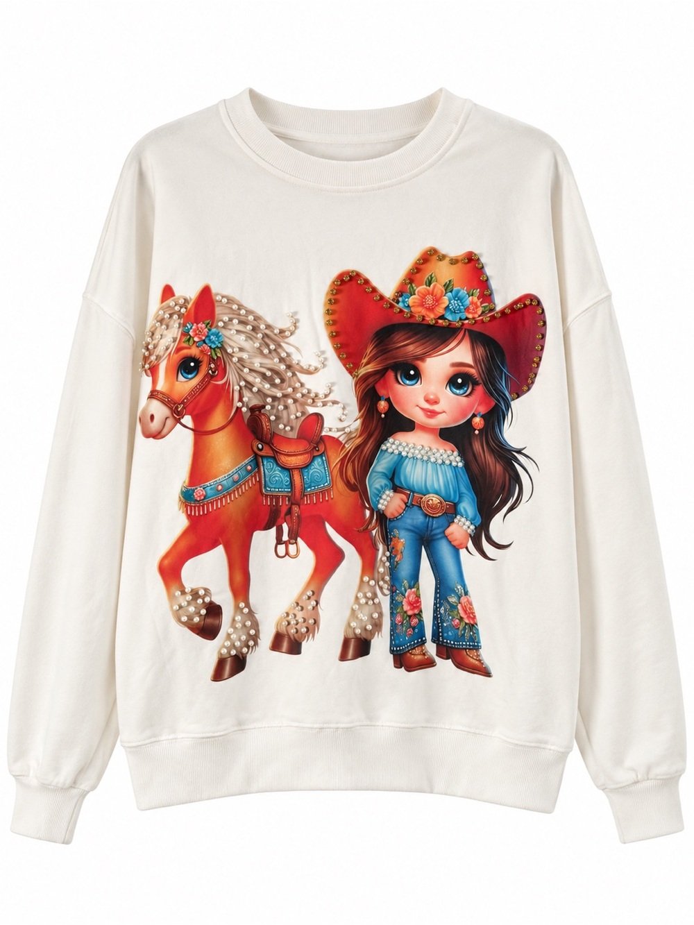 New White Pearl Rhinestone Embellished Western Cowgirl Pony Horse Sweatshirt OS